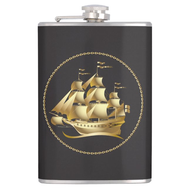 Gold Sailboat Nautical Hip Flask (Front)