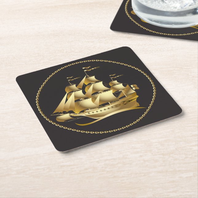 Gold Sailboat Nautical Square Paper Coaster (Angled)
