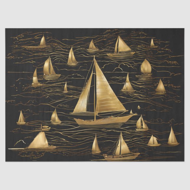 Gold Sailboats on Black Sea Tissue Paper (Front)