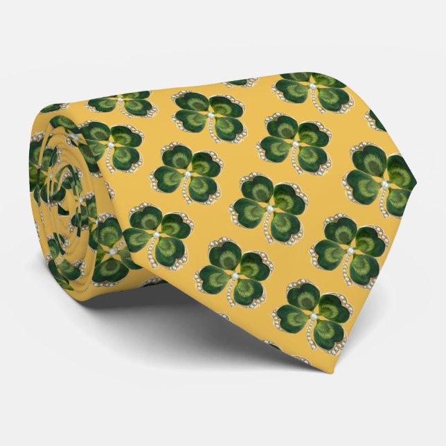 Gold Saint Patrick Shamrock Jewel ,Pearls Yellow Tie (Rolled)