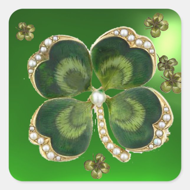 Gold Saint Patrick Shamrock Jewel with Pearls Square Sticker (Front)