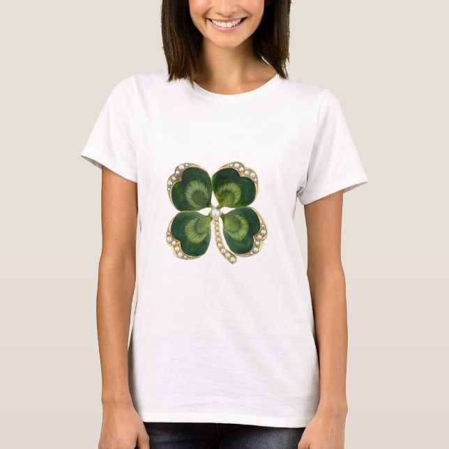 Gold Saint Patrick Shamrock Jewel with Pearls T-Shirt (Front)