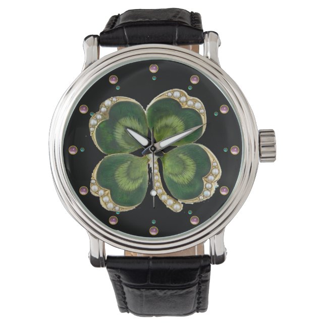 Gold Saint Patrick Shamrock Jewel with Pearls Watch (Front)