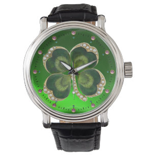 Gold Saint Patrick Shamrock Jewel with Pearls Watch