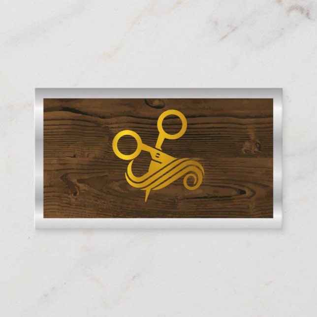 Gold Salon Scissors | Wood Metallic  Business Card (Front)