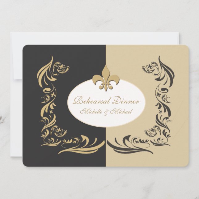 Gold Sand and Black Fleur de Lis Wedding Event Invitation (Front)