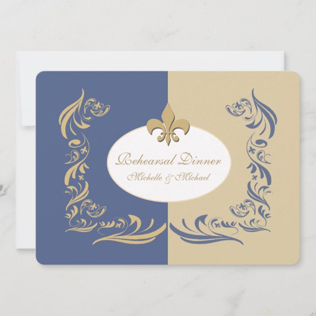 Gold Sand and Ice Blue Fleur de Lis Wedding Event Invitation (Front)