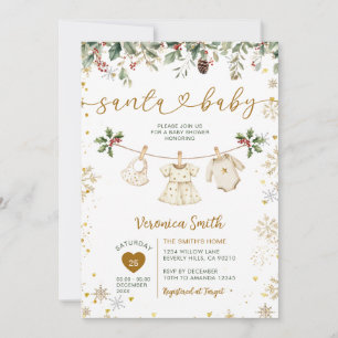 Gold Santa Baby Shower Clothes Christmas Floral Invitation
