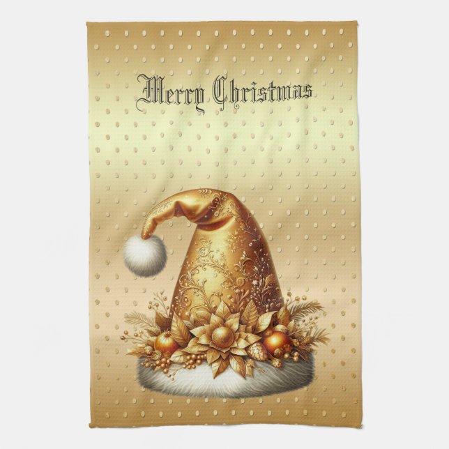 Gold Santa Hat Christmas Holiday Kitchen Towel (Vertical)