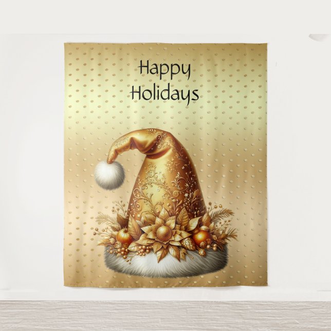 Gold Santa Hat Holiday Backdrop Tapestry (Front)