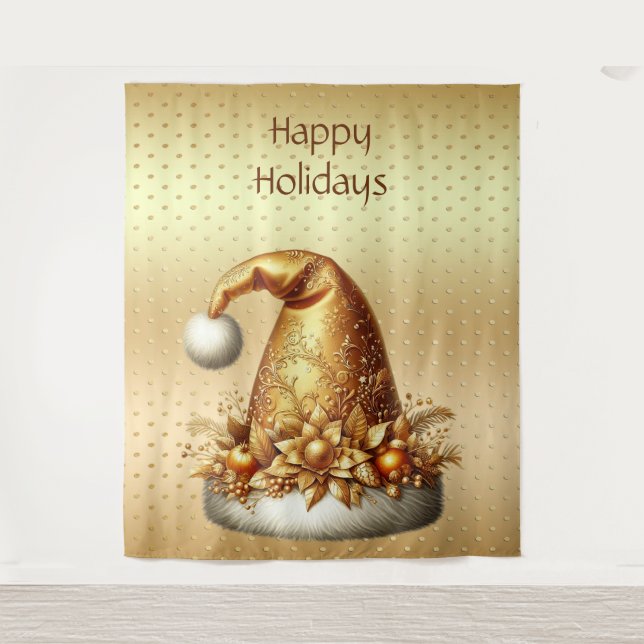 Gold Santa Hat Holiday Backdrop Tapestry (Front)