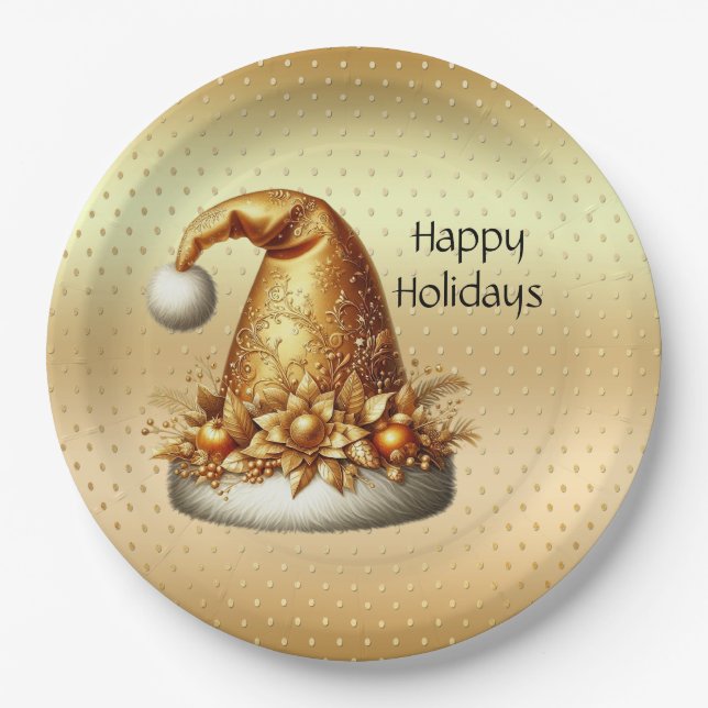 Gold Santa Hat Holiday Paper Plate (Front)