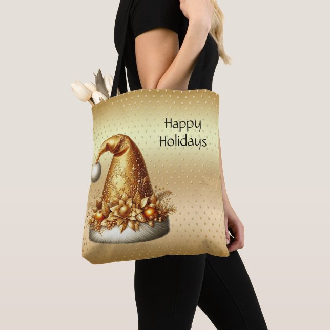 Gold Santa Hat Holiday Tote Bag (Close Up)