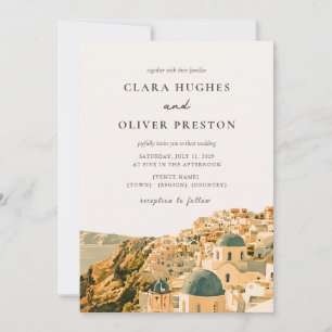 Gold Santorini Caldera Village Watercolor Wedding  Invitation