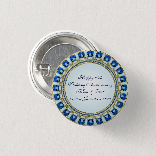 Gold Sapphire Blue 45th Wedding Anniversary 3 Cm Round Badge (Front & Back)
