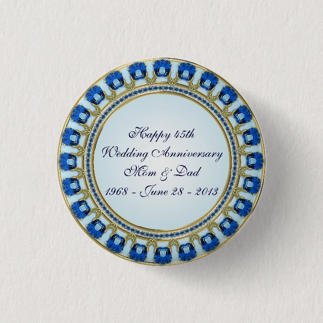 Gold Sapphire Blue 45th Wedding Anniversary 3 Cm Round Badge (Front)