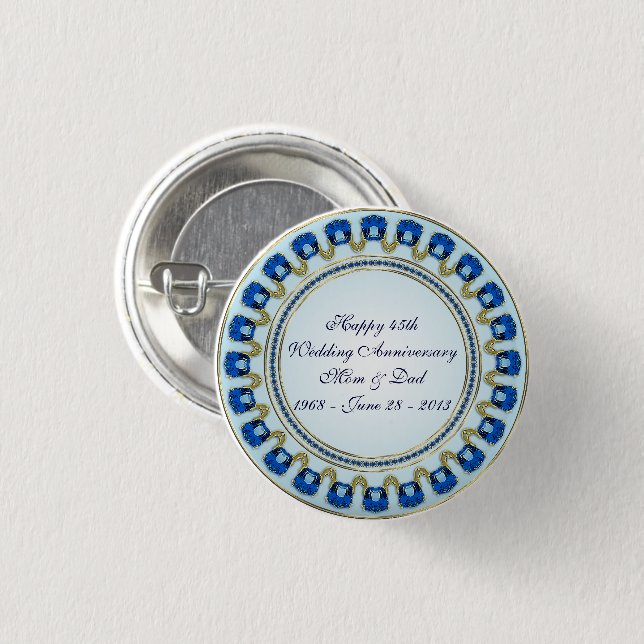 Gold Sapphire Blue 45th Wedding Anniversary 3 Cm Round Badge (Front & Back)