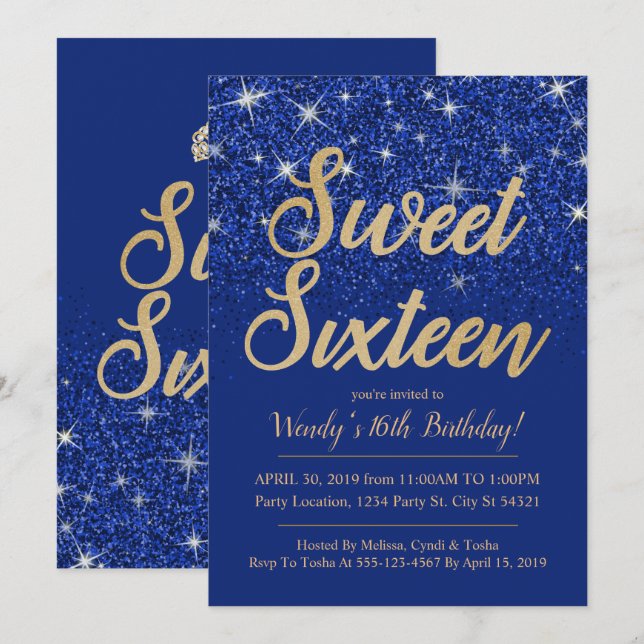 Gold Sapphire Sweet 16 Birthday Invitations (Front/Back)