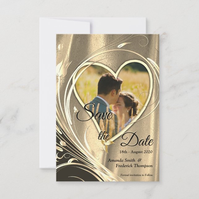 Gold Satin  & Gold flower splendour Save The Date (Front)