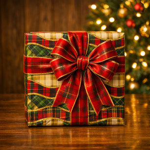 Gold Satin Stitch Quilted Plaid Christmas Wrapping Paper