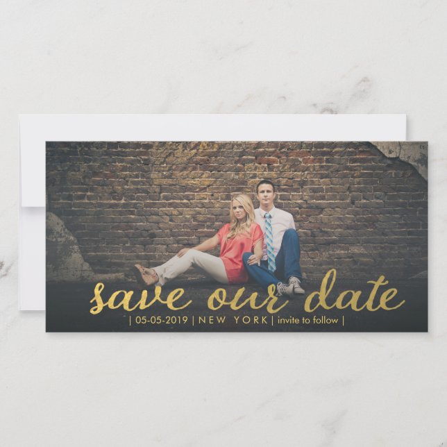 Gold Save Our Date Script Overlay Photo Cards (Front)
