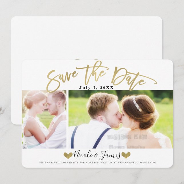 Gold Save the Date Modern Photo Wedding Engagement Invitation (Front/Back)