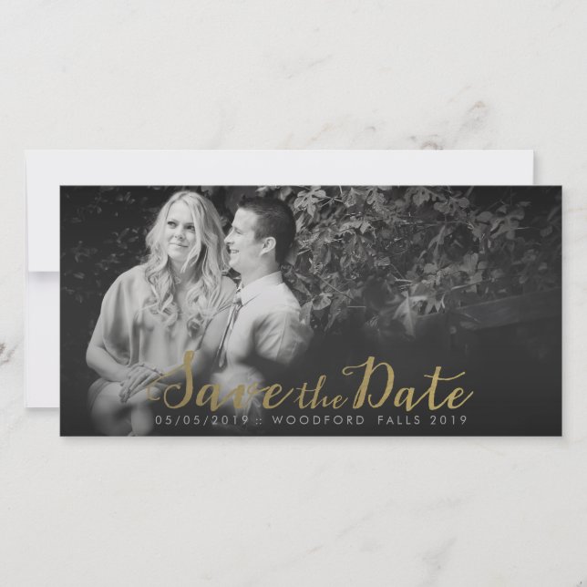 Gold Save the Date Script Overlay Photo Cards (Front)