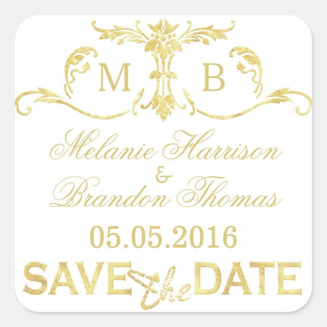 Gold Save the Date Stickers gold monogram wedding (Front)