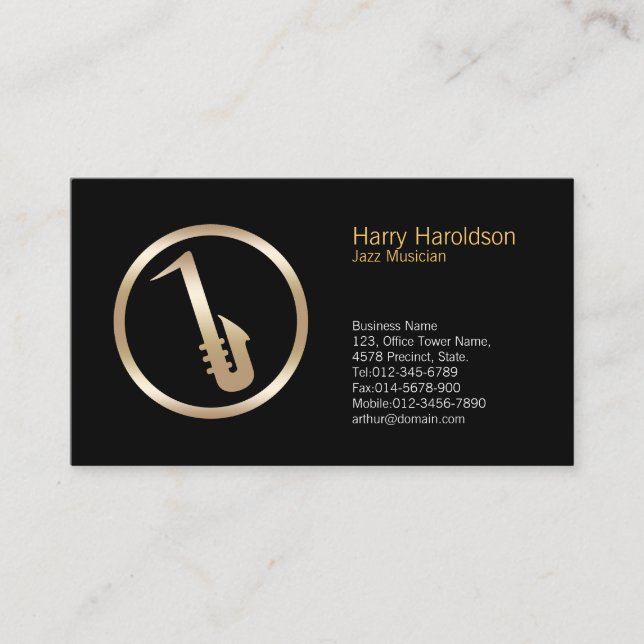 Gold Saxophone Icon Jazz Musician Business Card (Front)