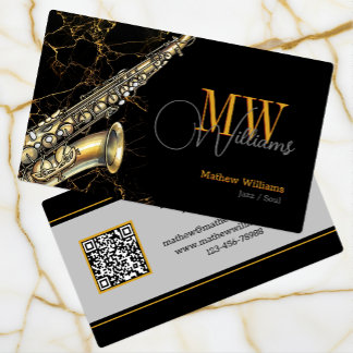 Gold Saxophone Jazz, Black & QR Code, Monogram Business Card