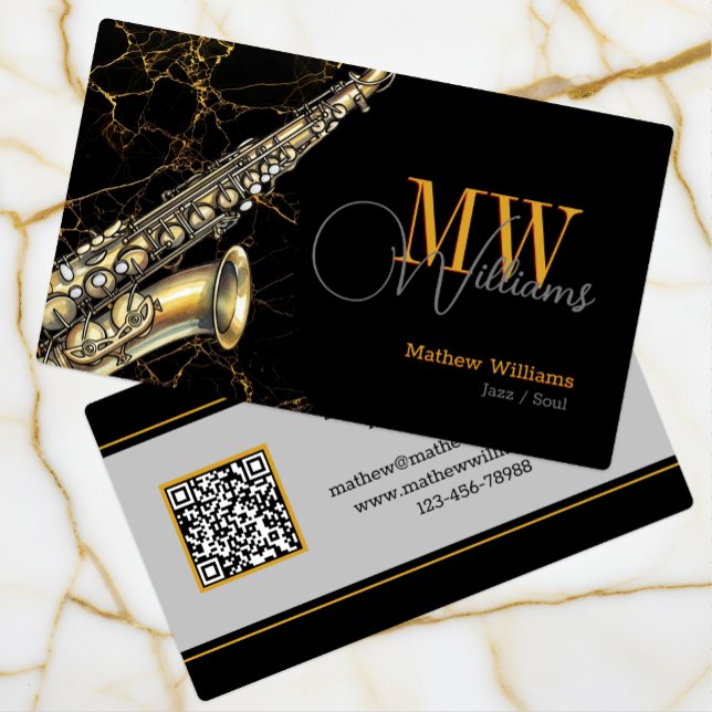 Gold Saxophone Jazz, Black & QR Code, Monogram Business Card (Saxophone, Monogrammed, Musician Business Card)