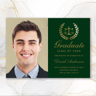 Gold Scales of Justice Law Laurel Green Graduation Announcement