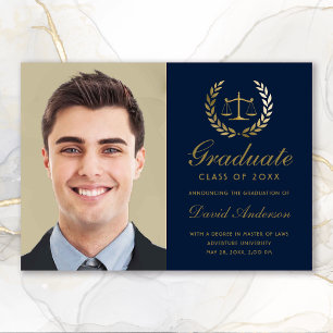 Gold Scales of Justice Law Navy Blue Graduation Announcement