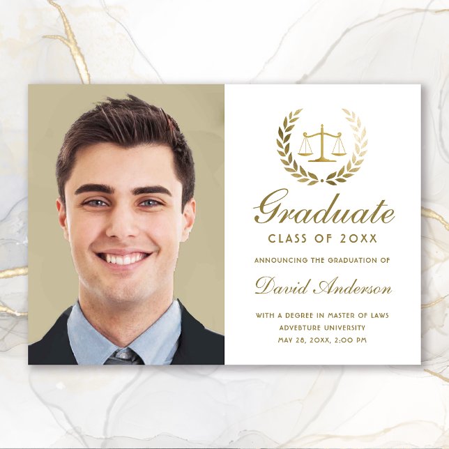 Gold Scales of Justice Law White Graduation Announcement (Gold Scales of Justice Law White Photo Graduation Announcement)