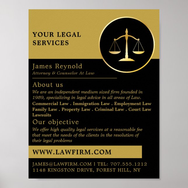 Gold Scales of Justice, Legal Services Advertising Poster (Front)