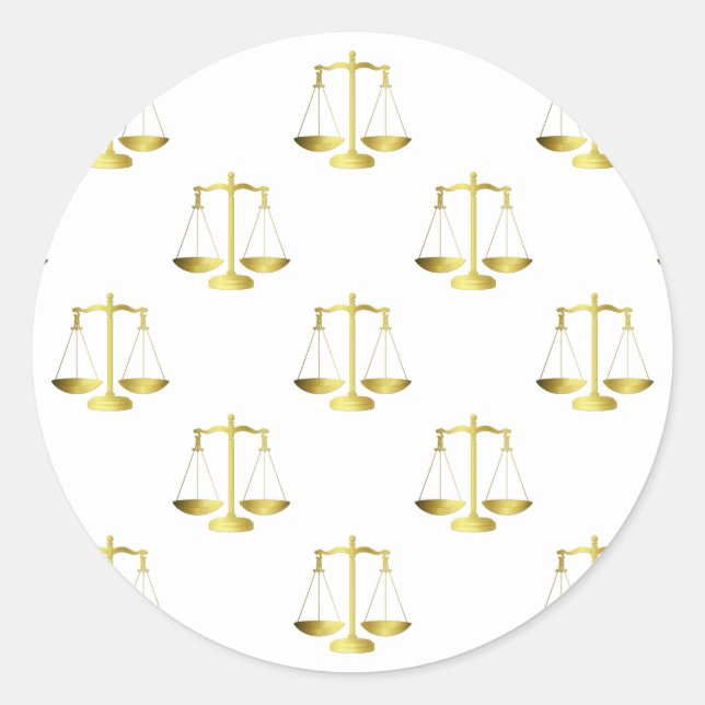Gold Scales Of Justice on White Repeat Pattern Classic Round Sticker (Front)