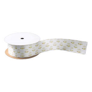 Gold Scales Of Justice on White Repeat Pattern Satin Ribbon