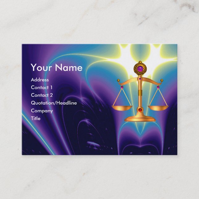 GOLD SCALES OF LAW,ATTORNEY,Justice Symbol Purple Business Card (Front)