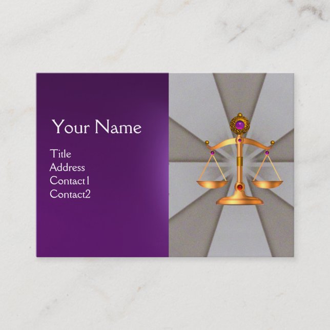 GOLD SCALES OF LAW,ATTORNEY MONOGRAM Purple Business Card (Front)