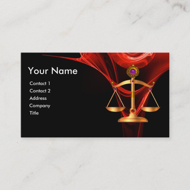 GOLD SCALES OF LAW,BLACK RED FRACTAL ROSE MONOGRAM BUSINESS CARD (Front)