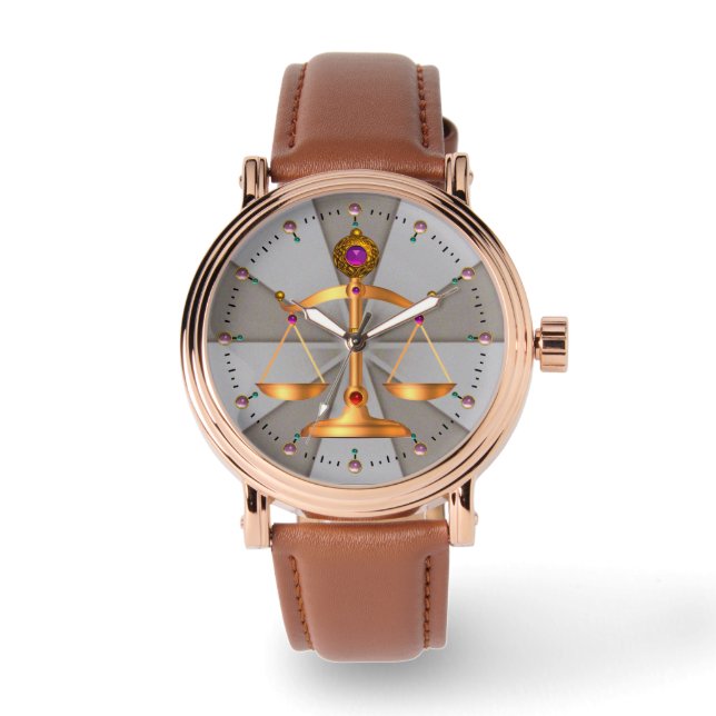 GOLD SCALES OF LAW,GEM STONES ,Justice Symbol Grey Watch (Front)