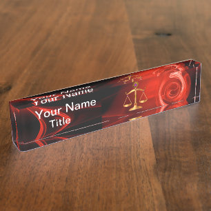 GOLD SCALES OF LAW ,Justice Symbol Red Black Nameplate