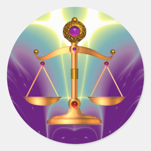 GOLD SCALES OF LAW WITH GEM STONES ,Justice Symbol Classic Round Sticker (Front)