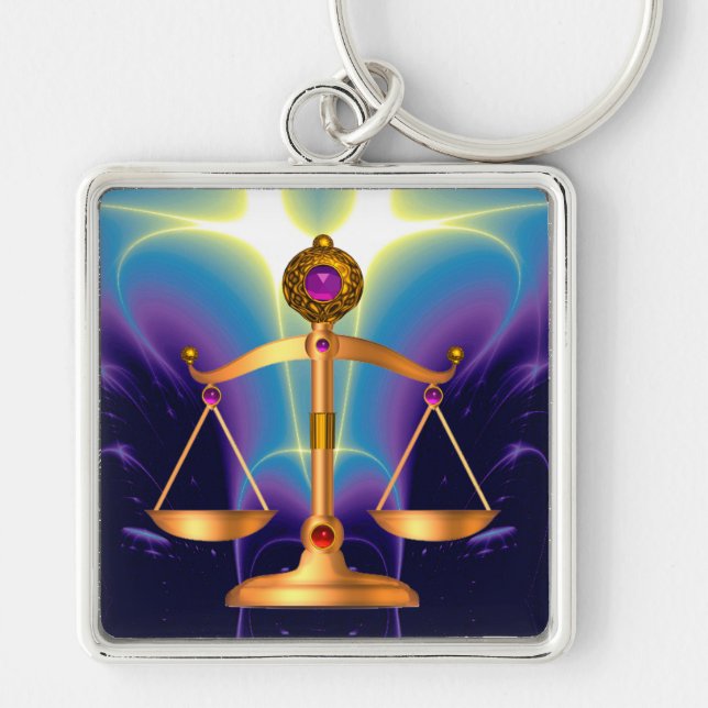 GOLD SCALES OF LAW WITH GEM STONES ,Justice Symbol Key Ring (Front)