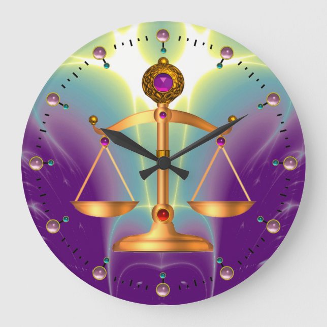 GOLD SCALES OF LAW WITH GEM STONES ,Justice Symbol Large Clock (Front)