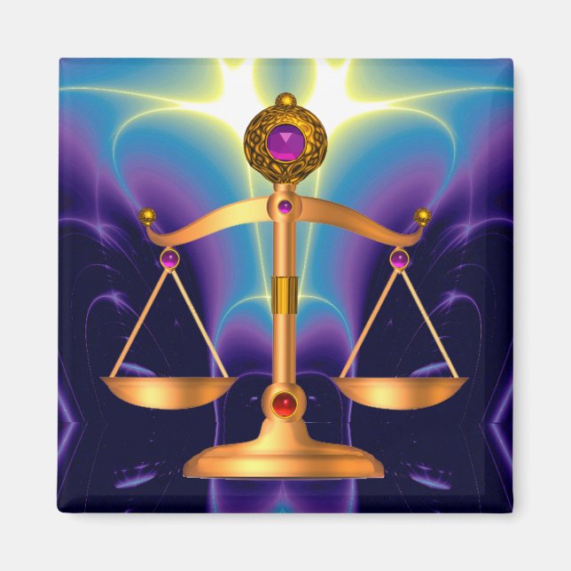 GOLD SCALES OF LAW WITH GEM STONES ,Justice Symbol Magnet (Front)