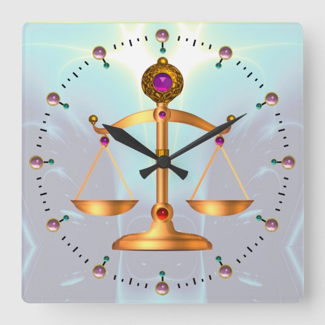 GOLD SCALES OF LAW WITH GEM STONES ,Justice Symbol Square Wall Clock (Front)