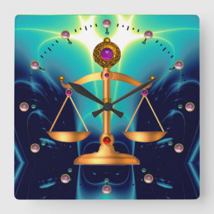 GOLD SCALES OF LAW WITH GEM STONES ,Justice Symbol Square Wall Clock