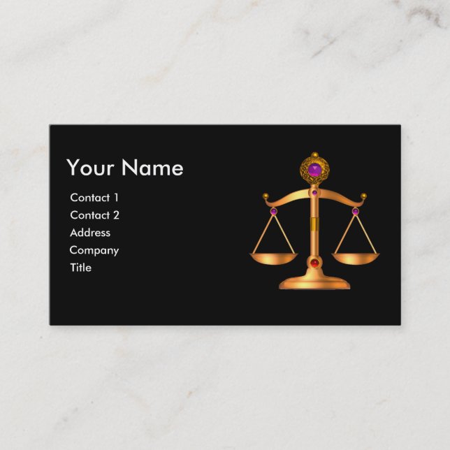 GOLD SCALES OF LAW WITH GEM STONES MONOGRAM, Black Business Card (Front)