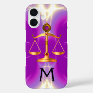 GOLD SCALES OF LAW WITH GEM STONES MONOGRAM Pink iPhone 16 Case